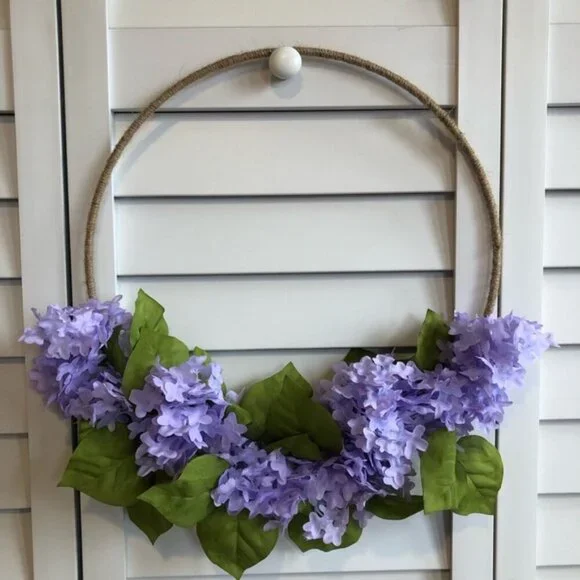 Delicate Pastel Lilac Feminine Flower Leaf Floral Decor Twine Tweed Hoop Wreath - Picture 2 of 4